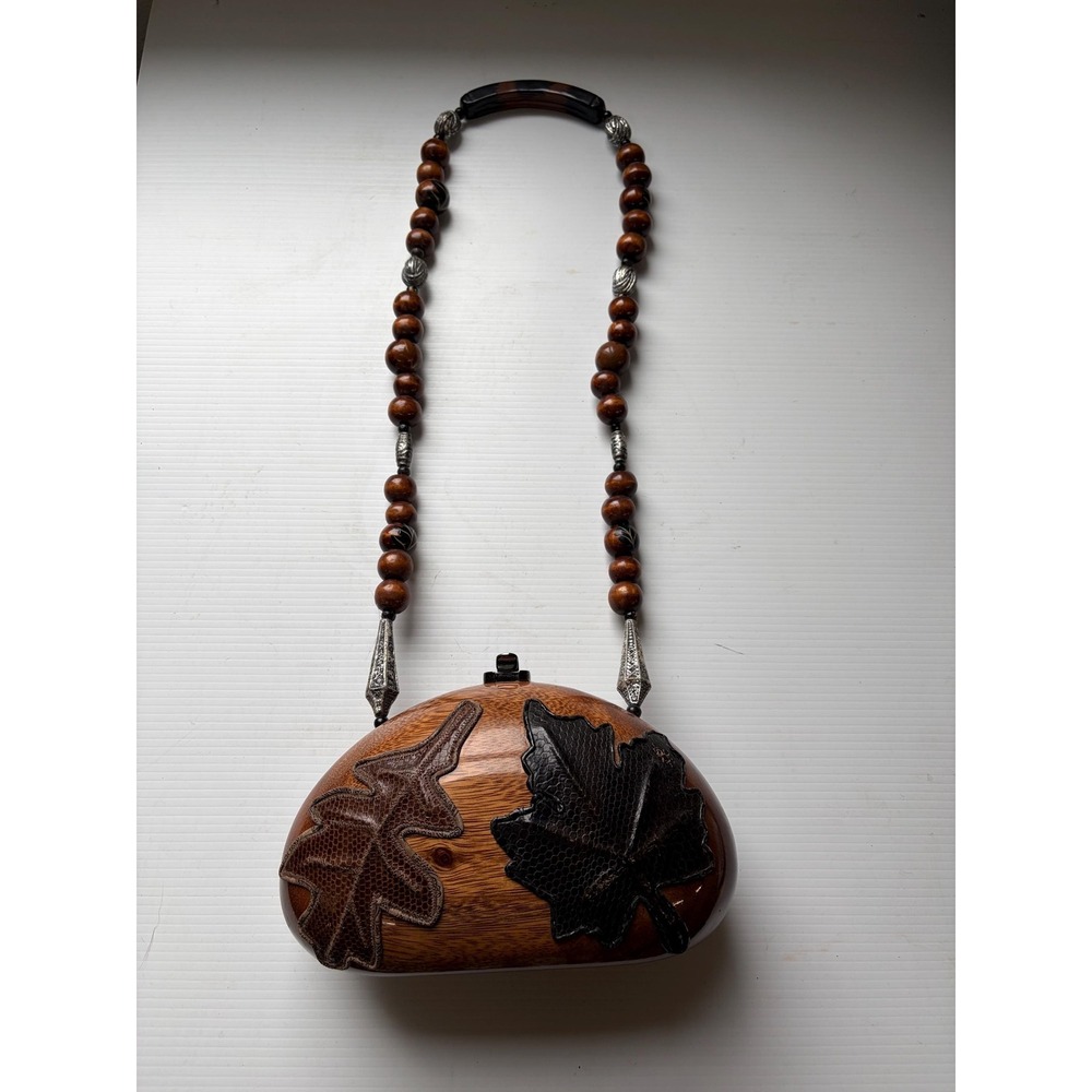 Vintage Handmade Wooden-Style Leave Motifs Purse Beaded Strap by Jimmy Woods